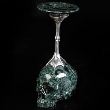 Echoes of Earth & Light - 5.6" Kambaba Jasper Crystal Hand Carved Crystal Skull Stemmed Cup in 925 Sterling Silver, Crystal Healing