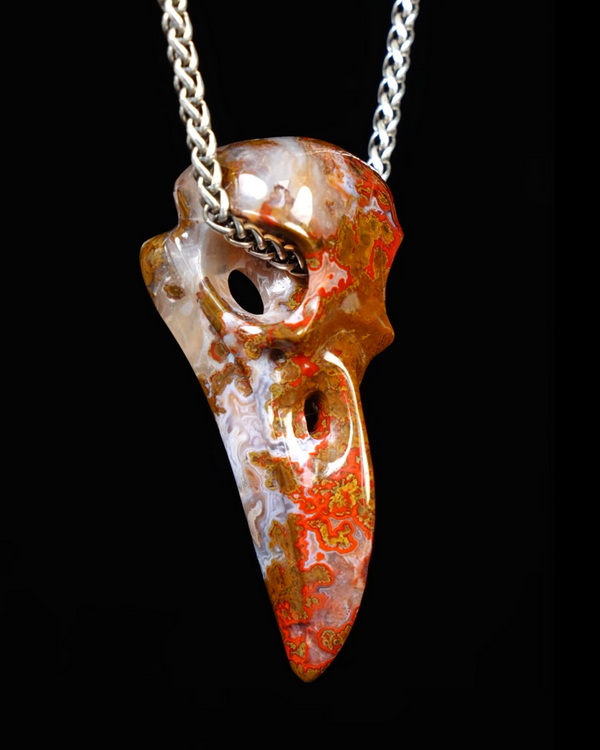 Night Pathfinder - Necklace of 2.3" Red Desert Agate Hand Carved Crystal Skull Pendant, Skull Jewelry