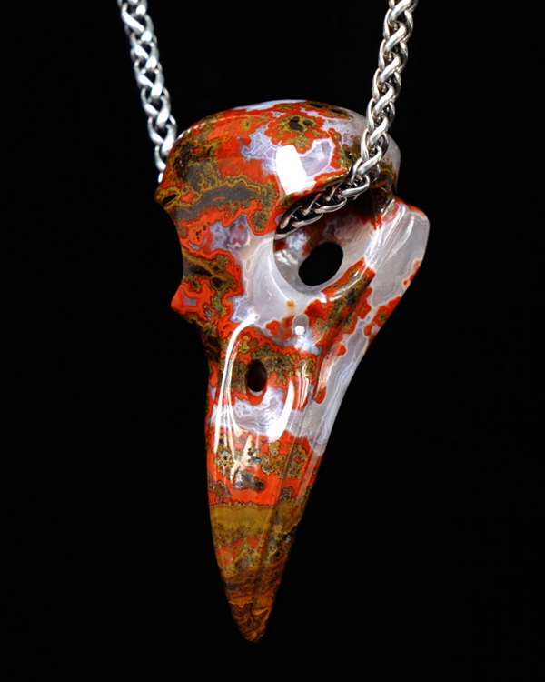 Night Pathfinder - Necklace of 2.3" Red Desert Agate Hand Carved Crystal Skull Pendant, Skull Jewelry