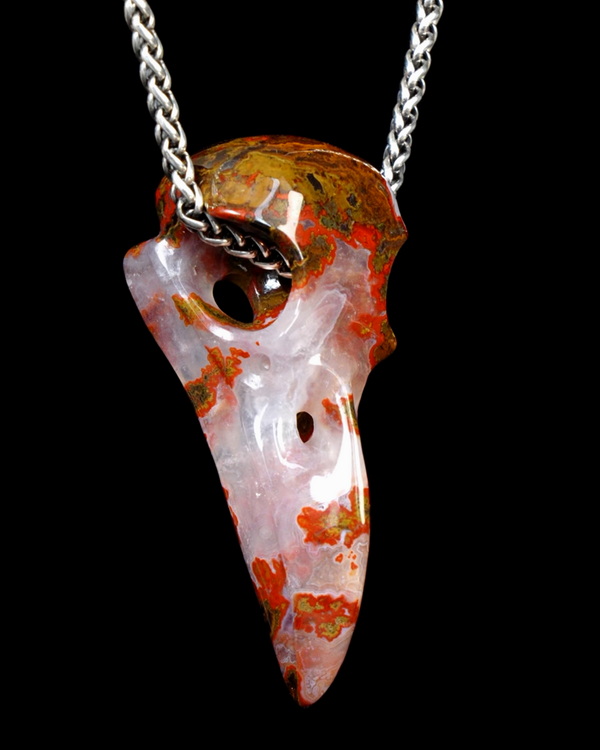Night Pathfinder - Necklace of 2.3" Red Desert Agate Hand Carved Crystal Skull Pendant, Skull Jewelry