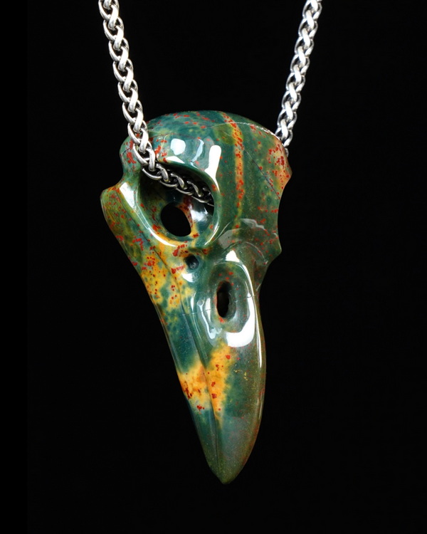 Night Pathfinder - Necklace of 2.3" Bloodstone Hand Carved Crystal Skull Pendant, Skull Jewelry