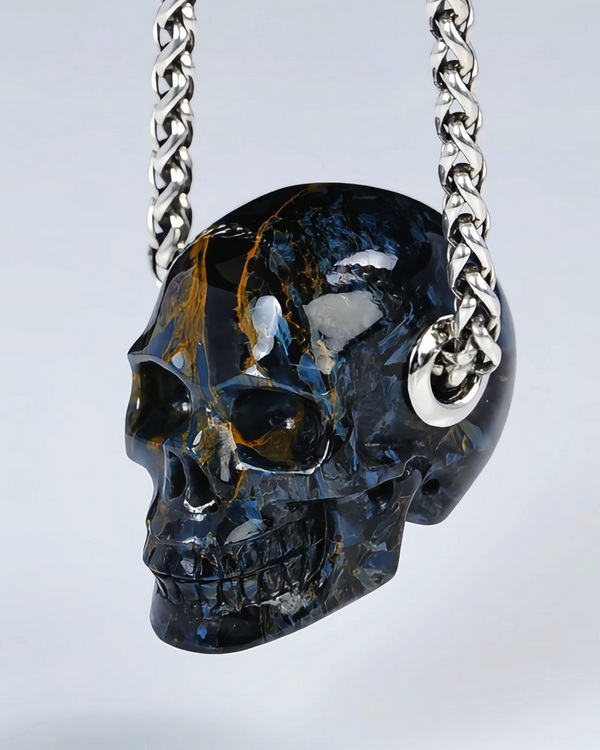 Necklace of 1.2" Pietersite Hand Carved Crystal Skull Pendant, Skull Jewelry