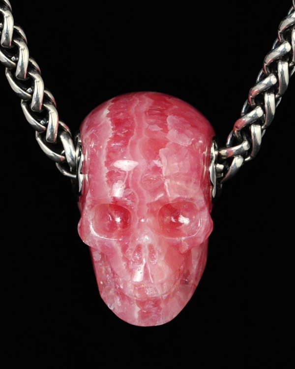 Necklace of 0.7" Rhodochrosite Hand Carved Crystal Skull Pendant, Skull Jewelry
