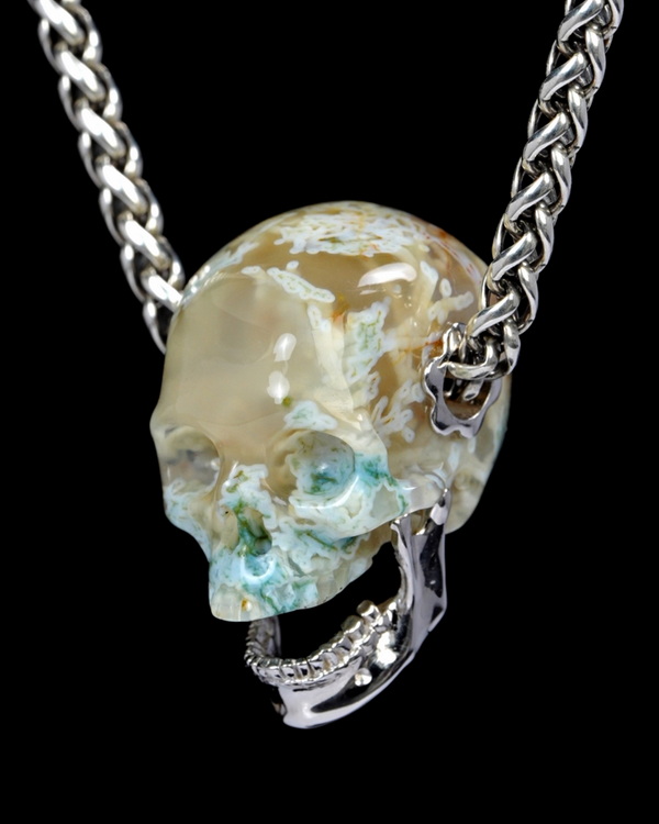 Necklace of 0.9" Green Moss Agate Hand Carved Crystal Skull Pendant, Skull Jewelry