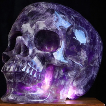 Lifesized 6.9" Dream Chevron Amethyst Hand Carved Hollow Crystal Skull Lamp/Light, Super Realistic, Crystal Healing