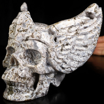 5.8" Green Moss Agate Hand Carved Guardian Crystal Skull Sculpture, Crystal Healing