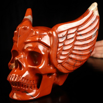 5.8" Red Jasper Hand Carved Guardian Crystal Skull Sculpture, Crystal Healing