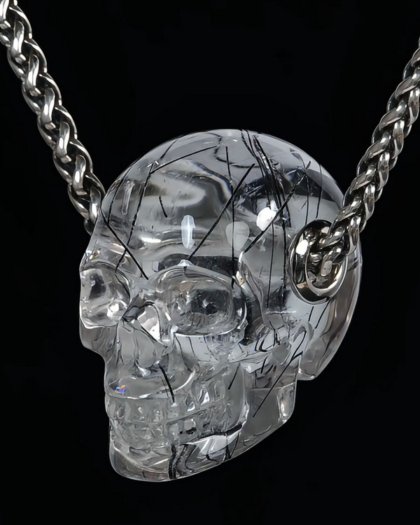 Gemstone Necklace of 1.2" Rutilated Quartz Rock Crystal Hand Carved Crystal Skull Pendant, Skull Jewelry