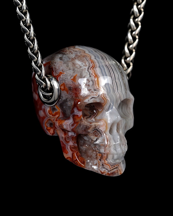 Gemstone Necklace of 1.2" Red Crazy Lace Agate Hand Carved Crystal Skull Pendant, Skull Jewelry