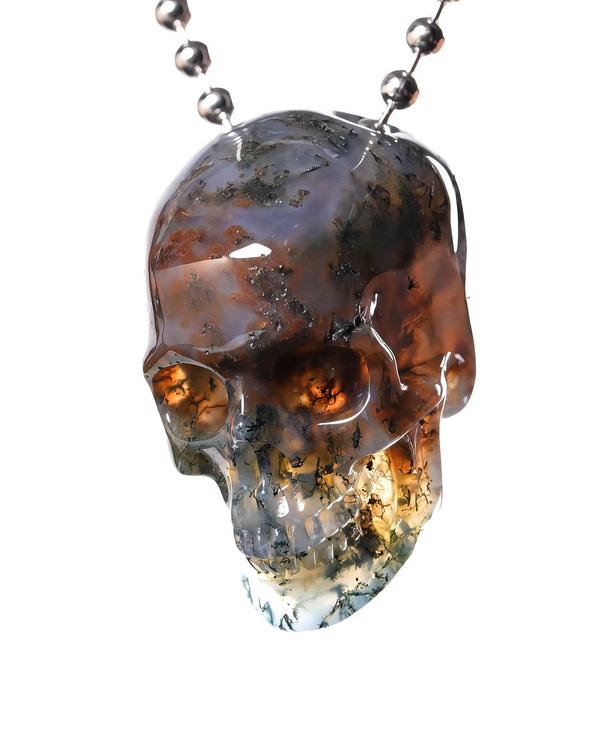 Hollow Essence - 1.3" Green Moss Agate Hand Carved Hollow Crystal Skull Pendant, Skull Jewelry