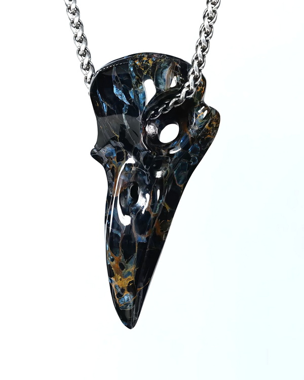 Necklace of 2.3" Pietersite Hand Carved Crystal Skull Pendant, Skull Jewelry