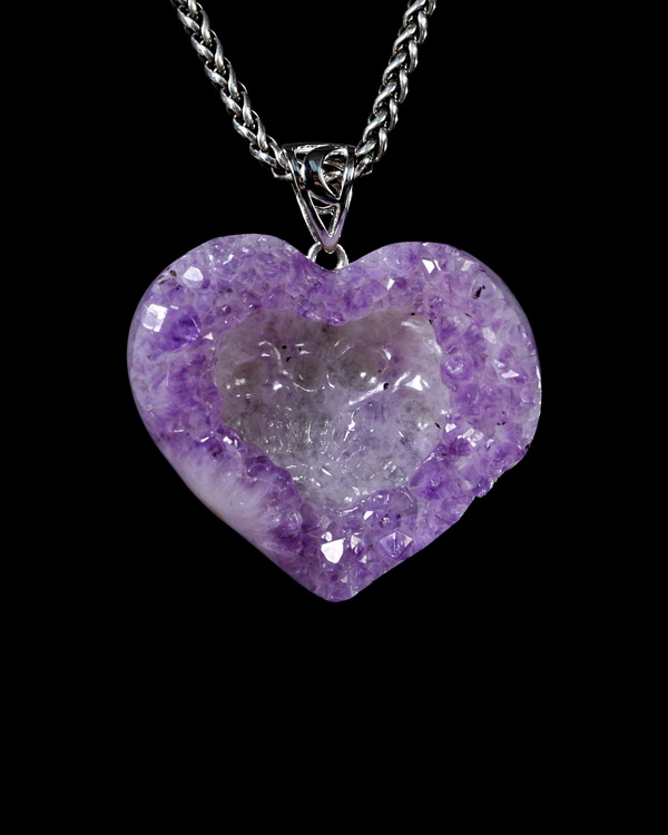 Necklace of 1.7" Agate Amethyst Druse Hand Carved Crystal Skull Pendant, Skull Jewelry