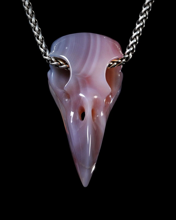 Night Pathfinder - Gemstone Necklace of 2.1" Mozambique Agate Hand Carved Crystal Skull Pendant, Skull Jewelry