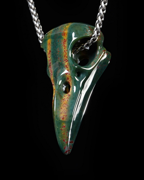 Night Pathfinder - Necklace of 2.3" Bloodstone Hand Carved Crystal Skull Pendant, Skull Jewelry