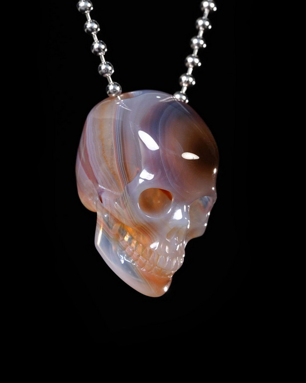 Hollow Essence - Necklace of 1.4" Agate Hand Carved Crystal Skull Pendant, Skull Jewelry