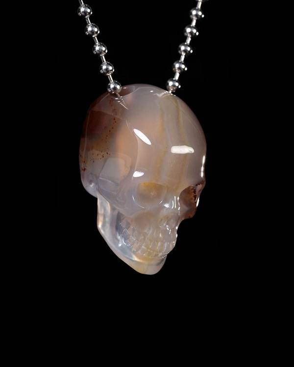 Hollow Essence - Necklace of 1.4" Agate Hand Carved Crystal Skull Pendant, Skull Jewelry