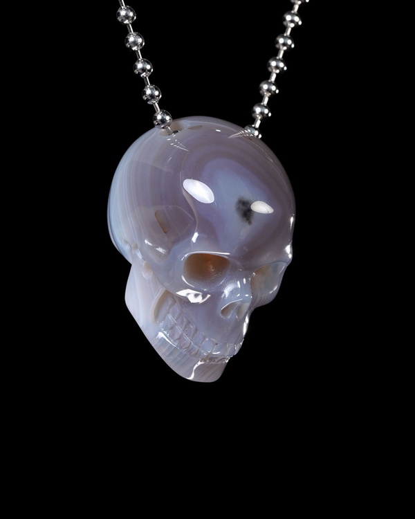 Hollow Essence - Necklace of 1.5" Gray & White Agate Hand Carved Crystal Skull Pendant, Skull Jewelry