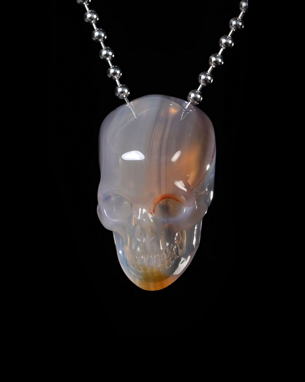 Hollow Essence - Necklace of 1.4" Agate Hand Carved Crystal Skull Pendant, Skull Jewelry