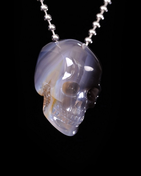 Hollow Essence - Necklace of 1.4" Agate Hand Carved Crystal Skull Pendant, Skull Jewelry
