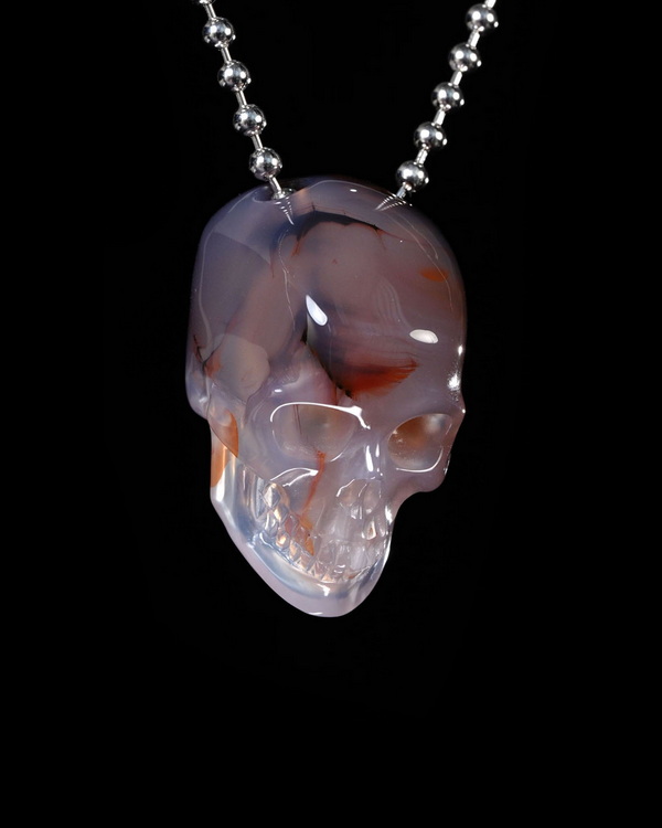 Hollow Essence - Necklace of 1.4" Agate Hand Carved Crystal Skull Pendant, Skull Jewelry