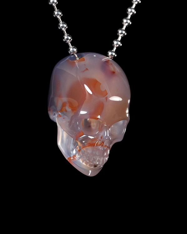 Hollow Essence - Necklace of 1.4" Agate Hand Carved Crystal Skull Pendant, Skull Jewelry