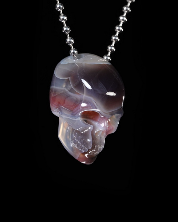 Hollow Essence - Gemstone Necklace of 1.4" Mozambique Agate Hand Carved Crystal Skull Pendant, Skull Jewelry