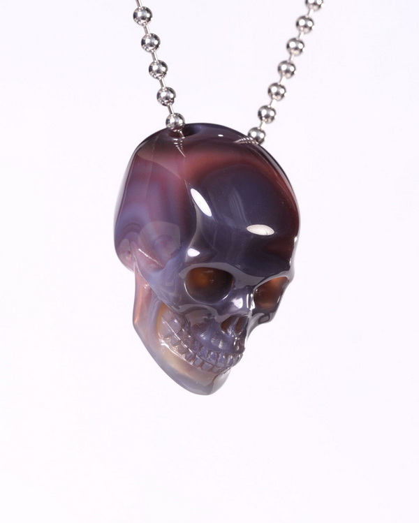 Hollow Essence - Gemstone Necklace of 1.5" Mozambique Agate Hand Carved Crystal Skull Pendant, Skull Jewelry
