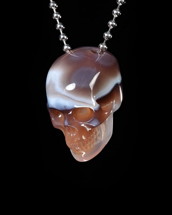 Hollow Essence - Necklace of 1.4" Agate Hand Carved Crystal Skull Pendant, Skull Jewelry