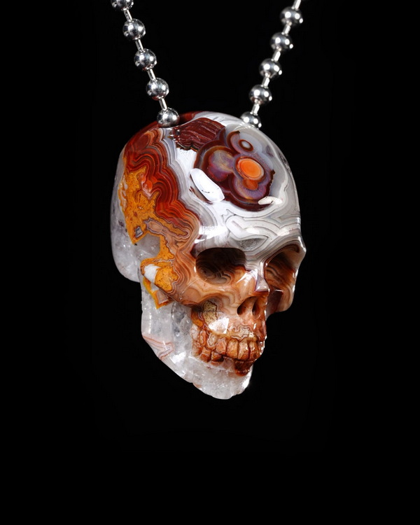 Hollow Essence - Gemstone Necklace of 1.4" Red Crazy Lace Agate Hand Carved Crystal Skull Pendant, Skull Jewelry
