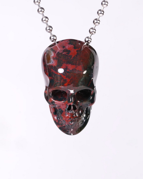 Hollow Essence - Necklace of 1.4" Bloodstone Hand Carved Crystal Skull Pendant, Skull Jewelry