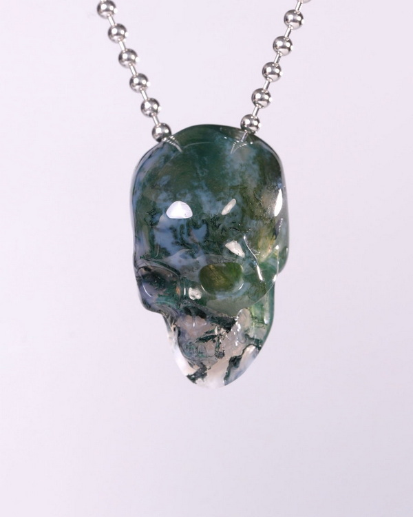 Hollow Essence - Necklace of 1.4" Green Moss Agate Hand Carved Crystal Skull Pendant, Skull Jewelry