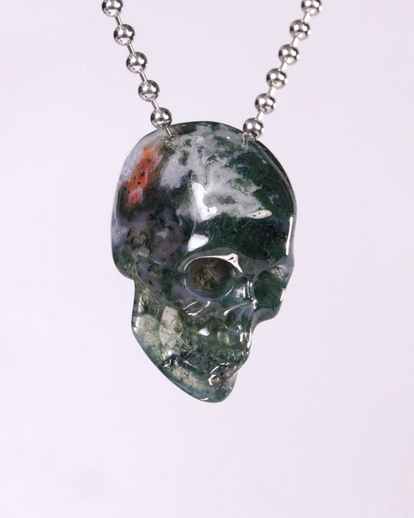 Hollow Essence - Necklace of 1.4" Green Moss Agate Hand Carved Crystal Skull Pendant, Skull Jewelry