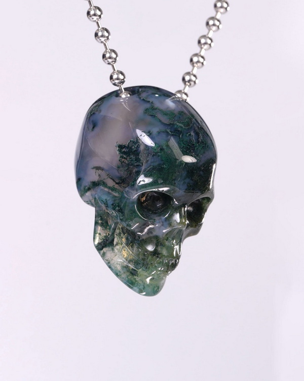 Hollow Essence - Necklace of 1.4" Green Moss Agate Hand Carved Crystal Skull Pendant, Skull Jewelry