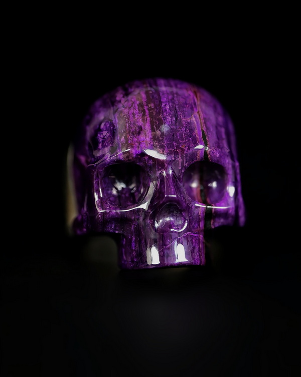Skullis Signature Gemstone Sugilite Hand Carved Crystal Skull Ring, US size 10, Crystal Healing Skull Jewelry, for Women & Men