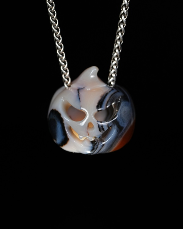 Hollow Essence - 1.4" Agate Hand Carved Crystal Pumpkin Skull Pendant, Crystal Healing Skull Jewelry, for Women & Men