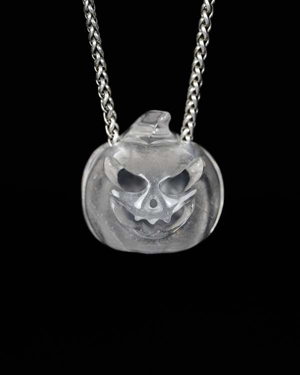 Hollow Essence - 1.4" Quartz Rock Crystal Hand Carved Crystal Pumpkin Skull Pendant, Crystal Healing Skull Jewelry, for Women & Men