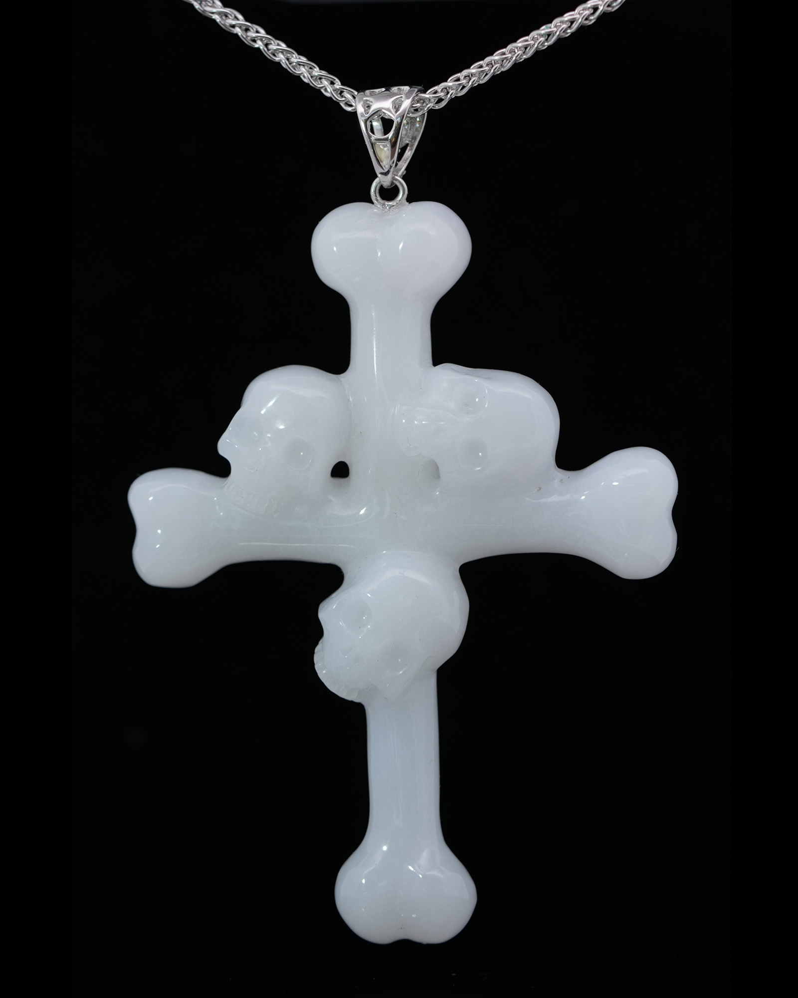 Triad Crystal Skull Pendant - White Jade Carved Crystal Skull Trio and Bones Cross Pendant, for Women & Men