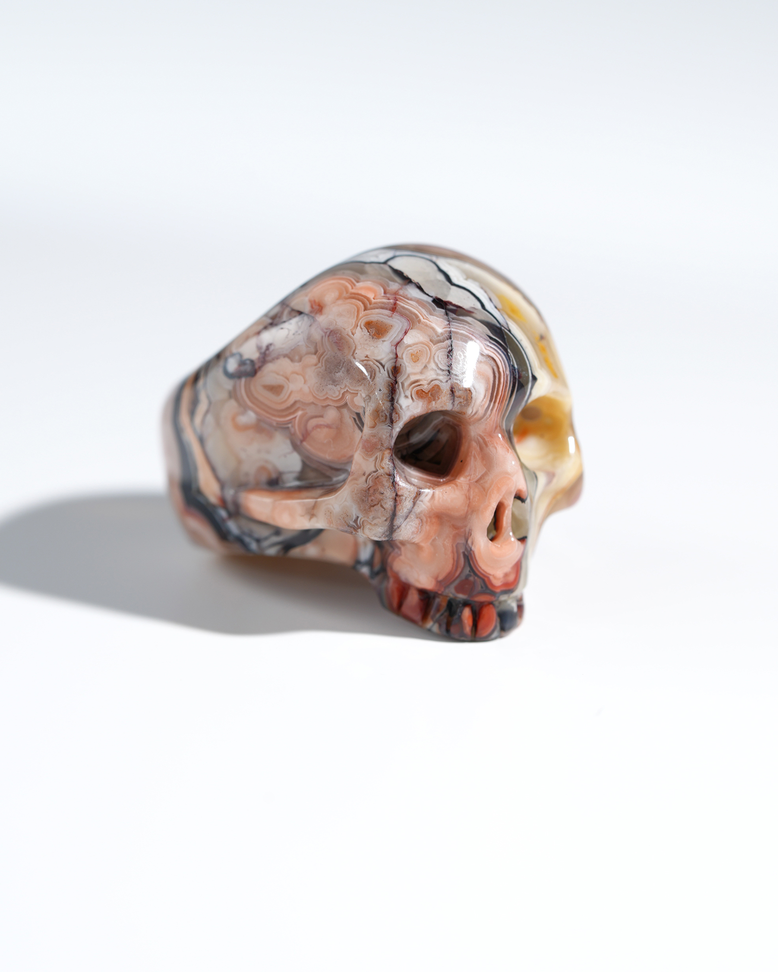 US Size 7# Gemstone Red Crazy Lace Agate Hand Carved Crystal Skull Ring, Skull Jewelry