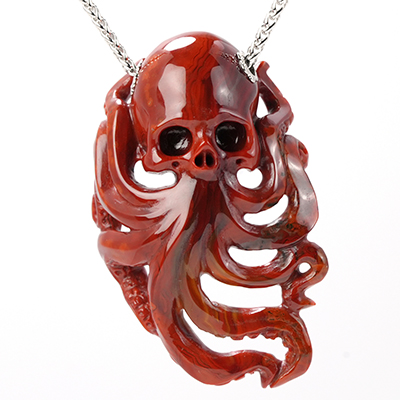 Empire Red Agate Crystal Skull with Octopus Tentacles Pendant or Necklace, Hand Carved, Sterling Silver 925 Chain, for Women & Men