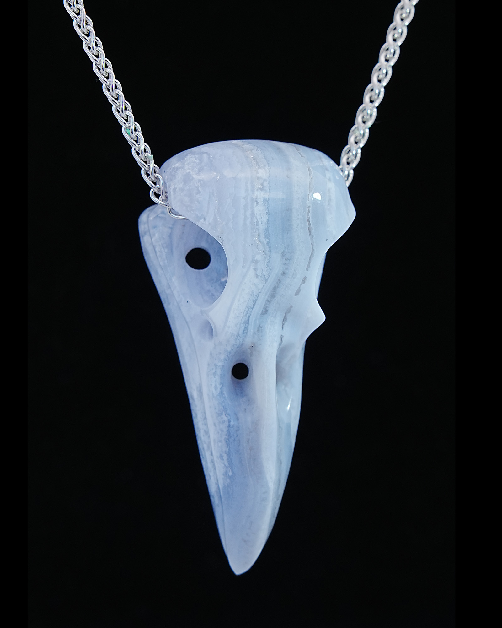 Gemstone Necklace of 2.2" Blue Lace Agate Hand Carved Crystal Skull Pendant, Skull Jewelry