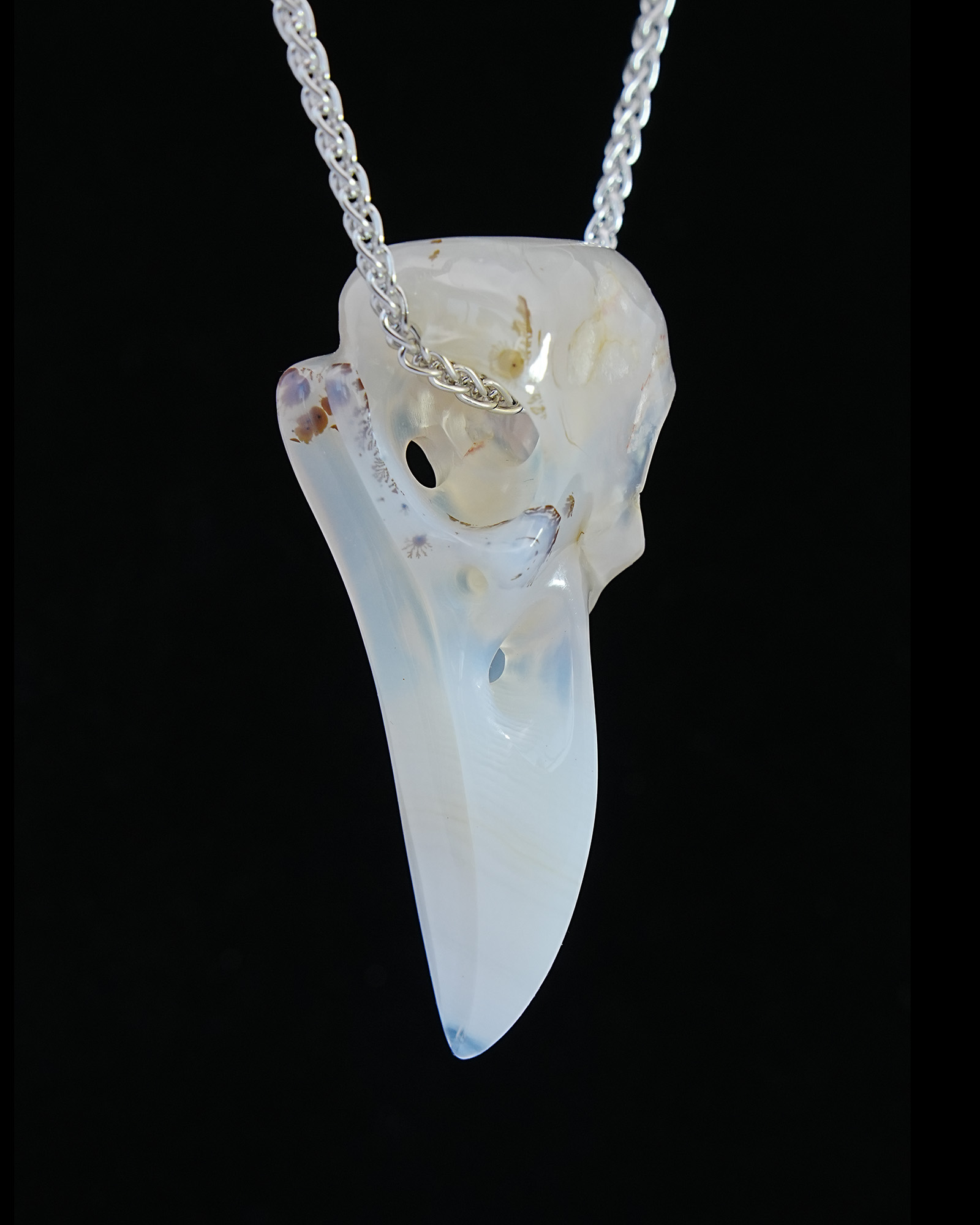 Necklace of 2.3" Agate Hand Carved Crystal Skull Pendant, Skull Jewelry