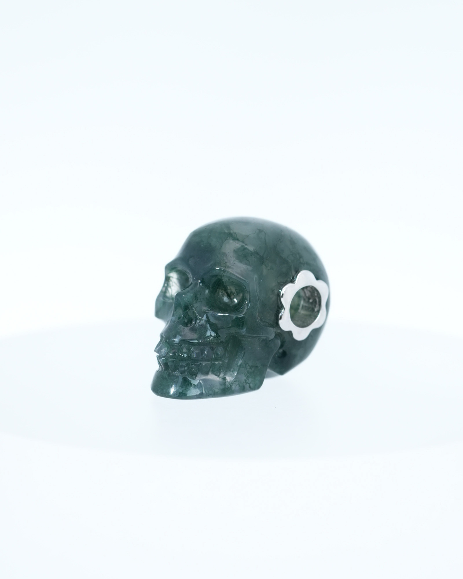 Necklace of 0.7" Green Moss Agate Hand Carved Crystal Skull Pendant, Skull Jewelry