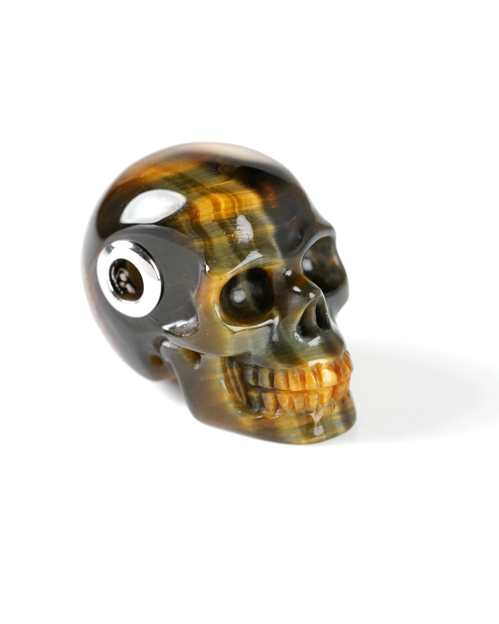 Gemstone Necklace of 1.1" Blue & Gold Tiger's Eye Hand Carved Crystal Skull Pendant, Skull Jewelry