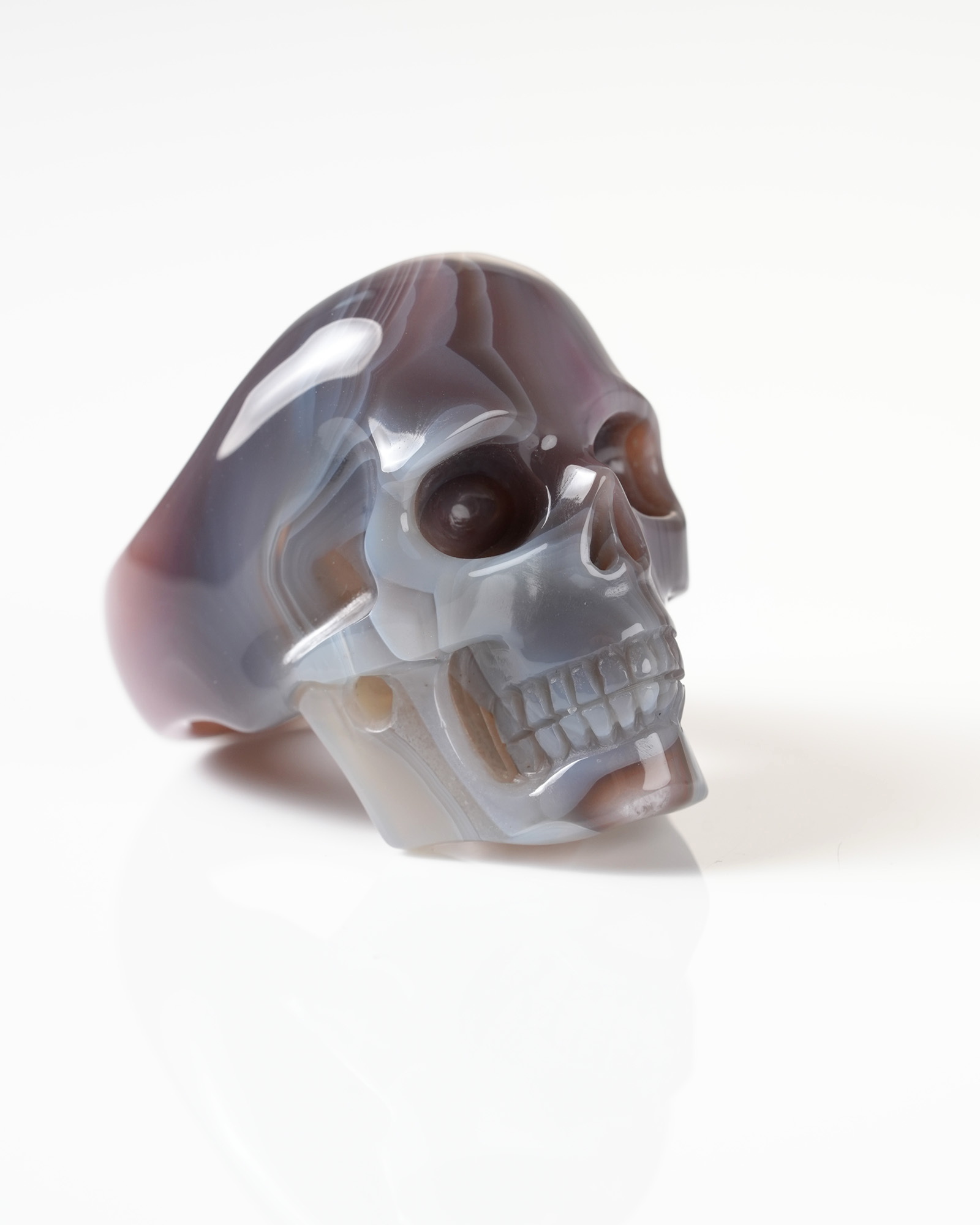 US Size 9# Gemstone Mozambique Agate Hand Carved Crystal Skull Ring, Skull Jewelry