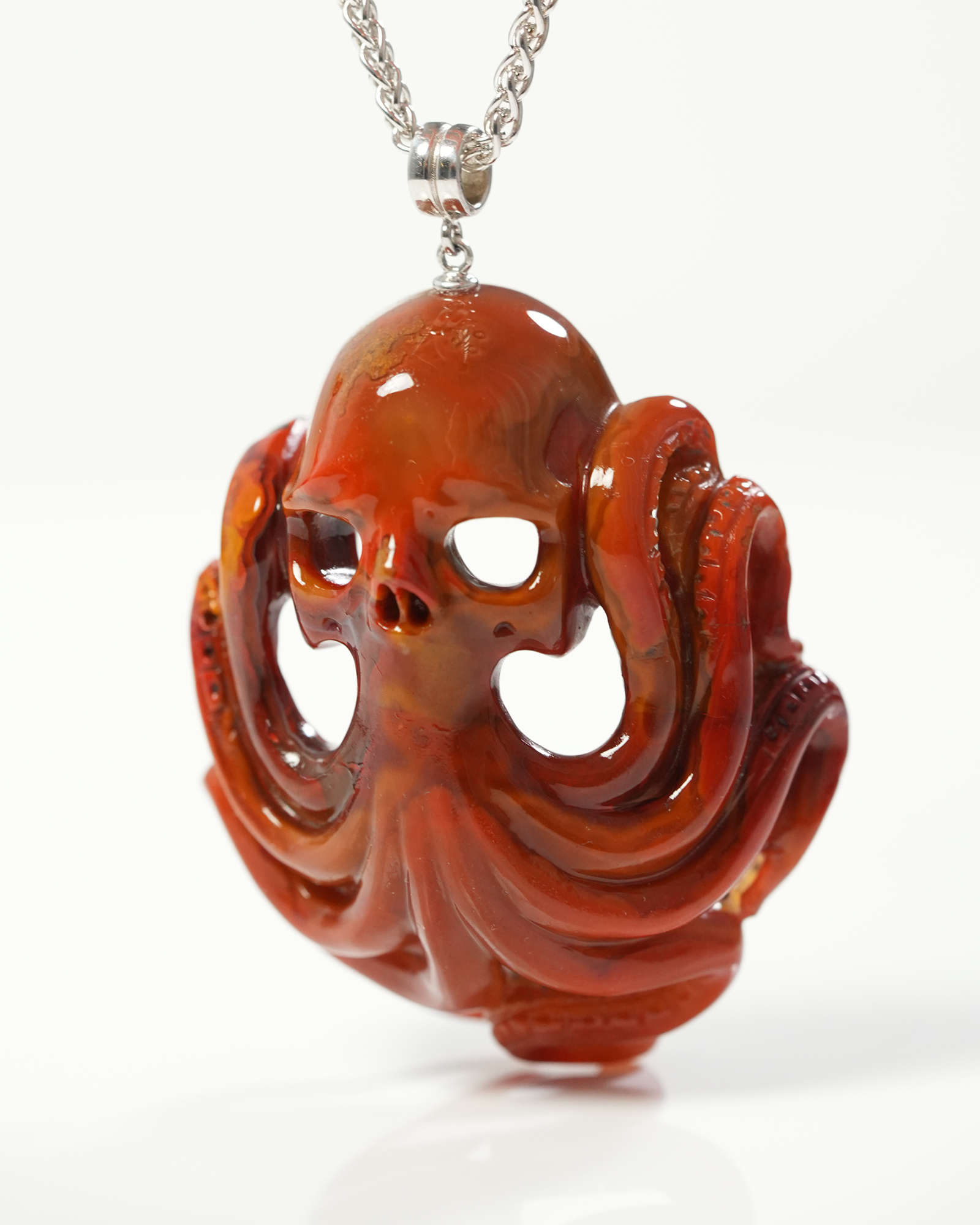 Necklace of 2.3" Empire Red Agate Hand Carved Crystal Skull Pendant, Skull Jewelry