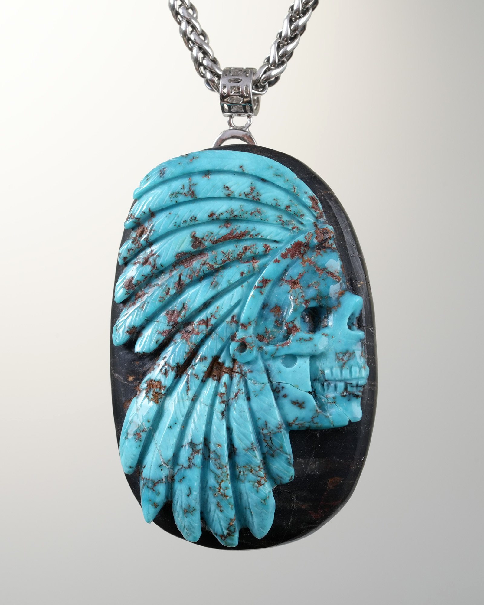 Gemstone Necklace of 2.1" Turquoise Hand Carved Crystal Skull Pendant, Skull Jewelry