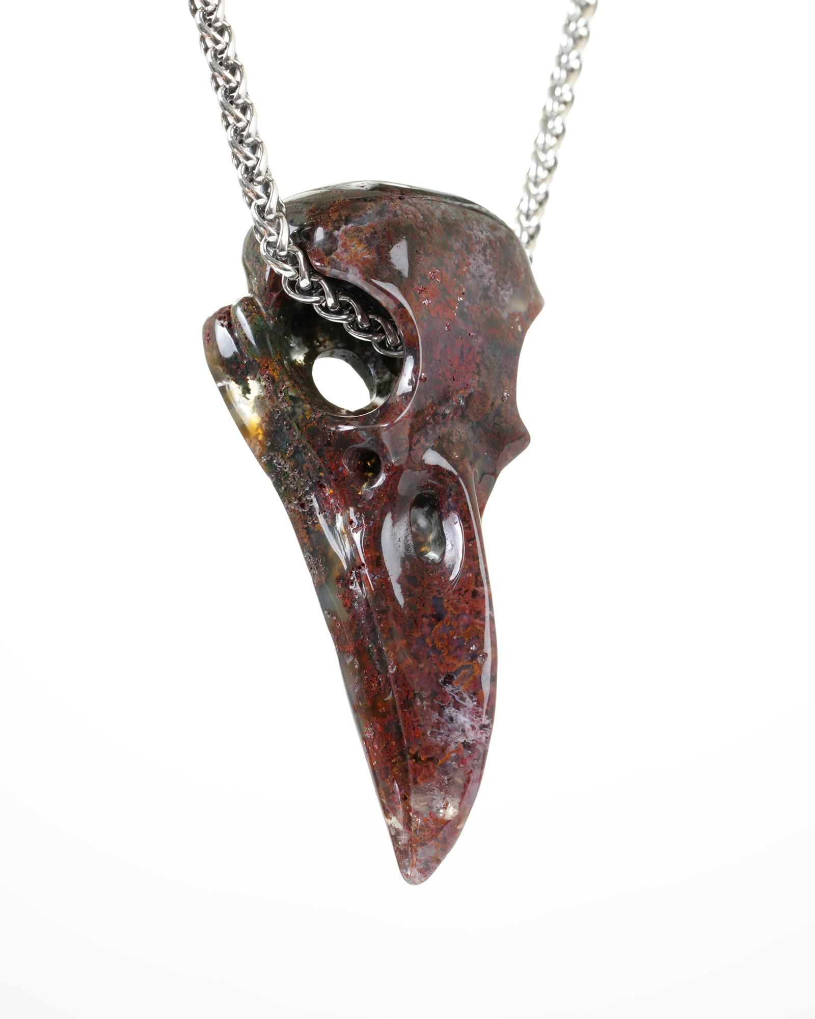 2.3" Skullis Colorful Moss Agate Gem Raven Skull Pendant or Necklace, Crystal Healing