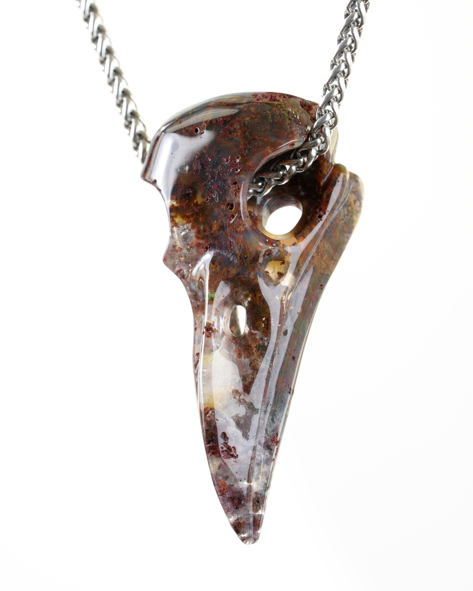 2.3" Skullis Green Moss Agate Gem Raven Skull Pendant or Necklace, Crystal Healing