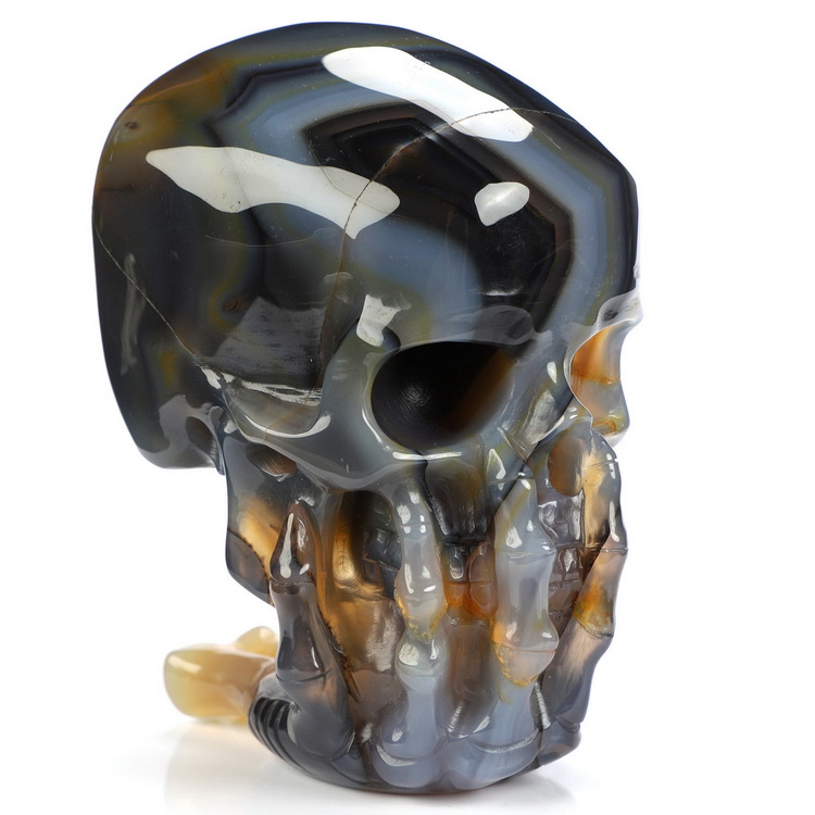 The Thinker---4.1" Premium Brazilian Agate Hand Carved Crystal Skull & Skeletal Hand Sculpture, Crystal Healing