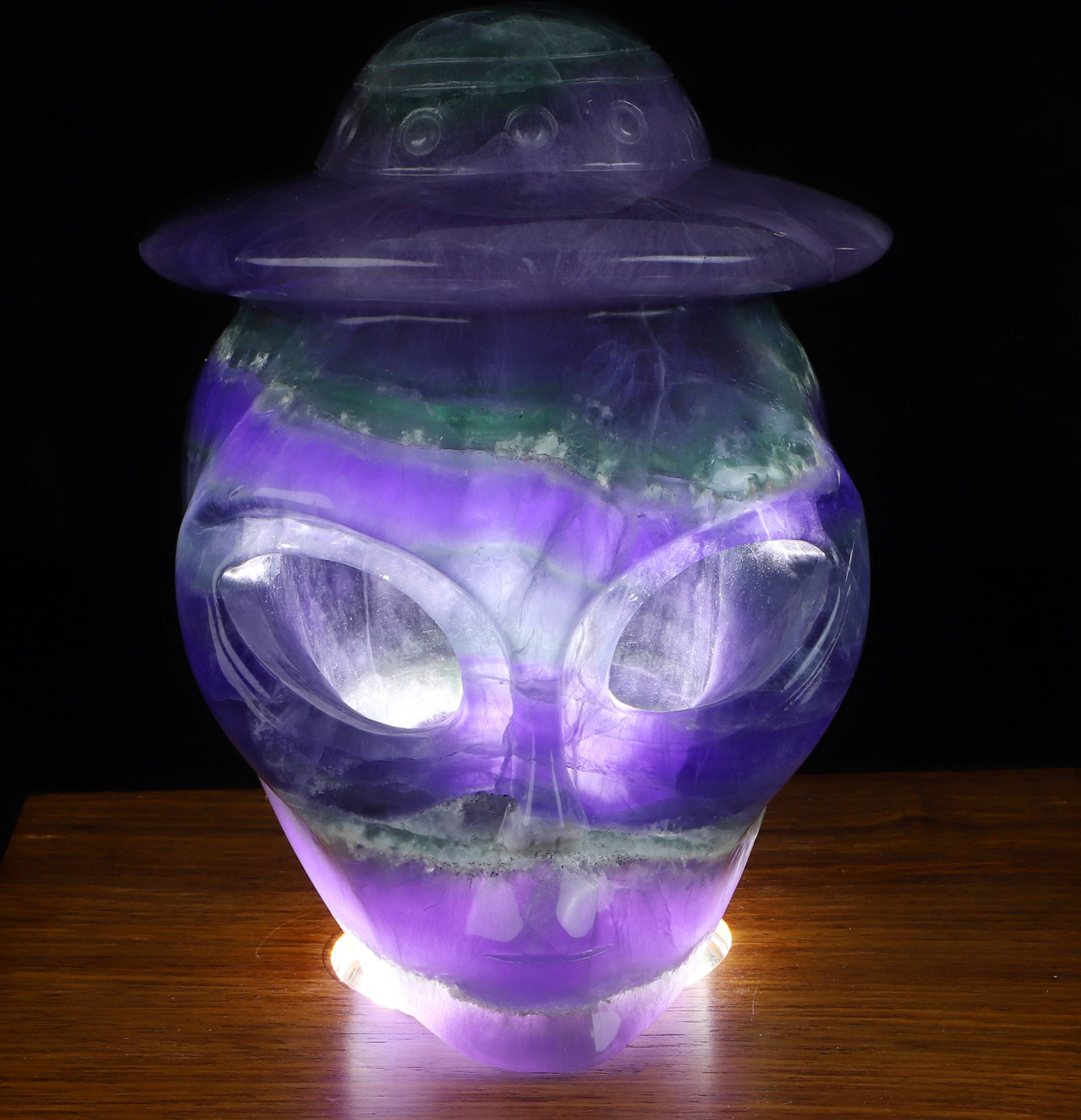 4.7" Fluorite Star Being Hollow Female Alien Crystal Skull Companion Lamp/Light with Led Stand, Hand Carved Gemstone Fine Art Sculpture, Reiki Healing Stone Statue